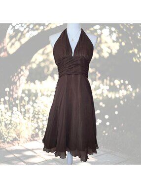 Mixit Size 8 Brown Silk Halter Dress Ruched V Neck Cocktail Y2K Backless Western